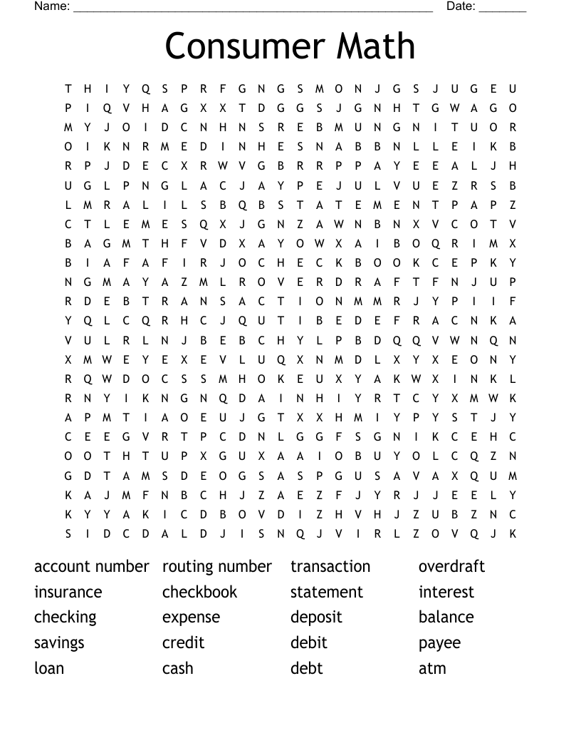 Consumer Math Word Search