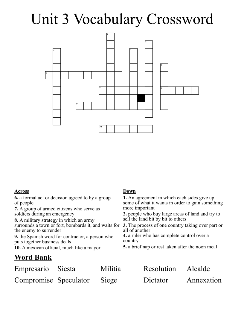 Unit 3 Vocabulary Crossword