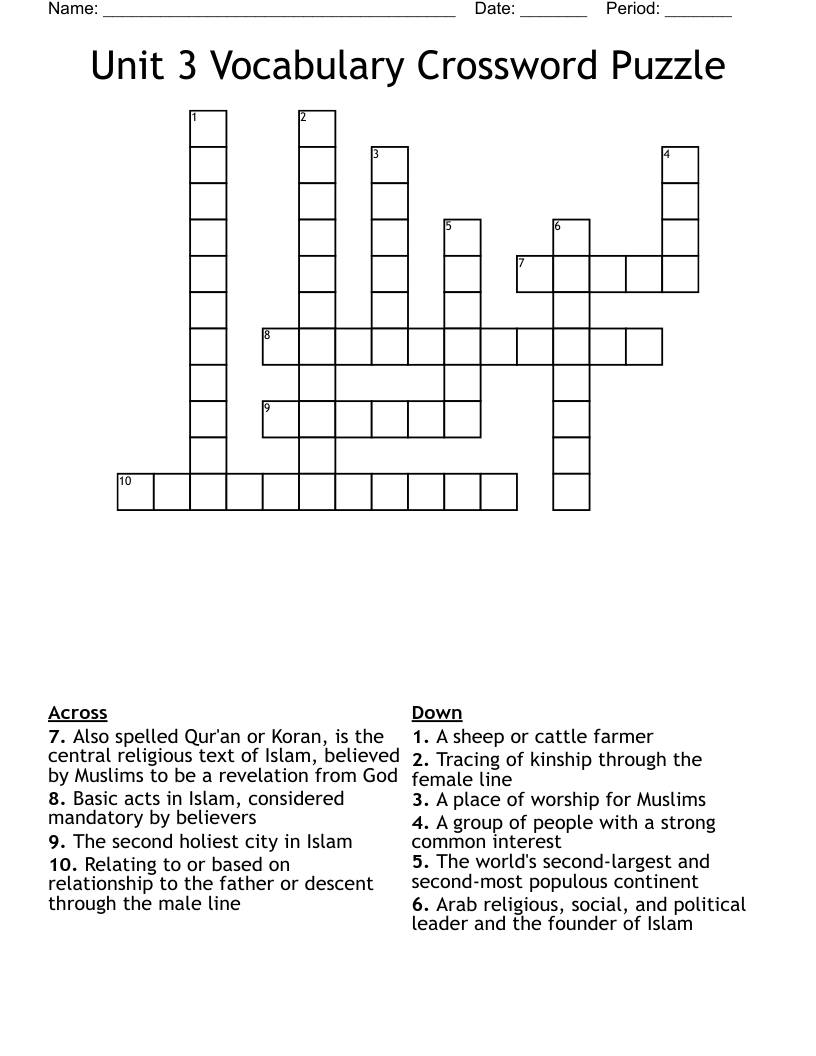 Unit 3 Vocabulary Crossword Puzzle 
