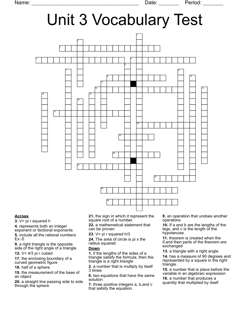 Unit 3 Vocabulary Test Crossword