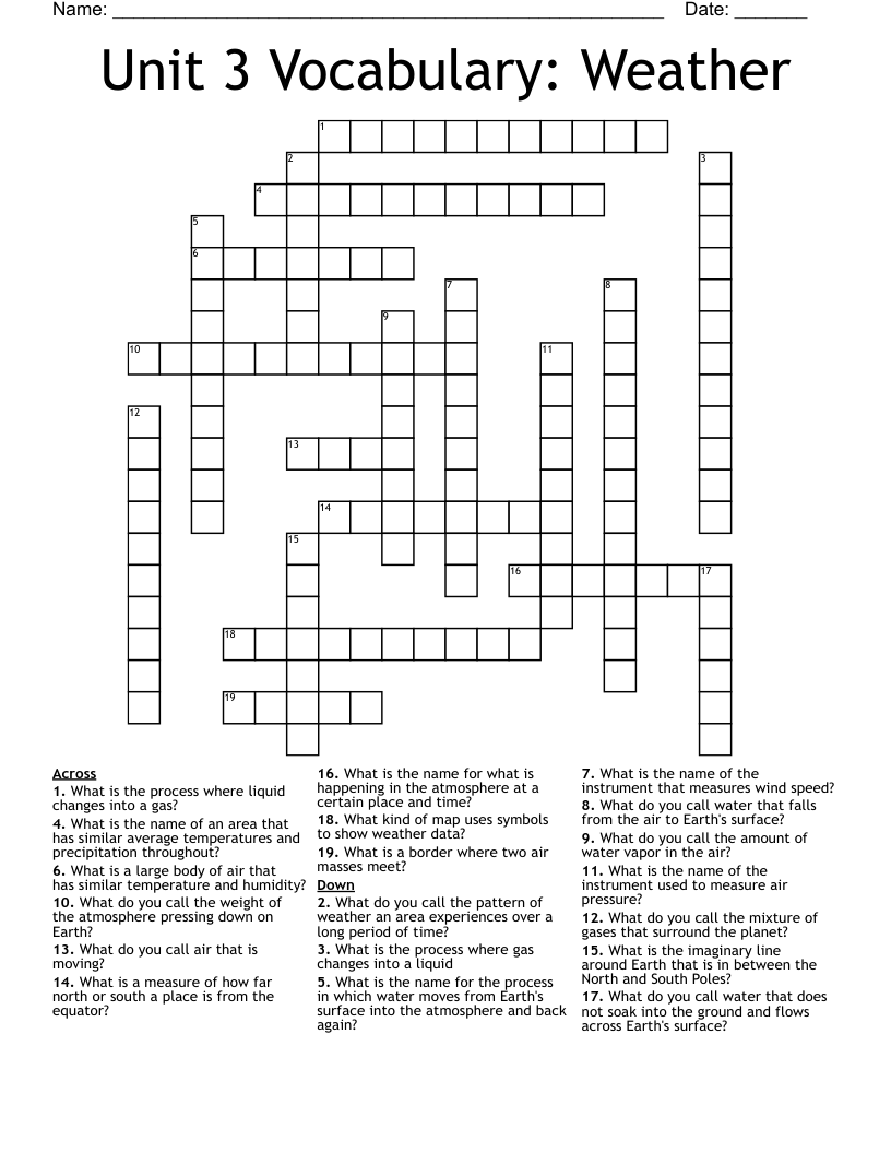 Unit 3 Vocabulary: Weather Crossword