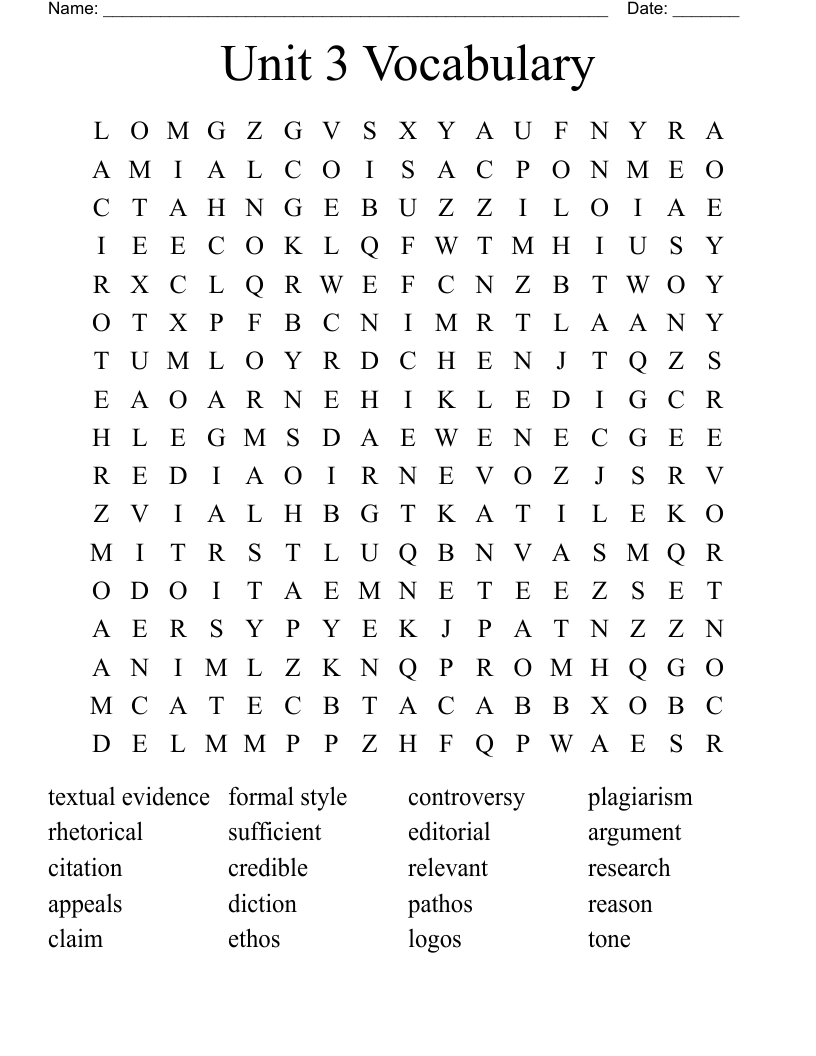 Unit 3 Vocabulary  Word Search