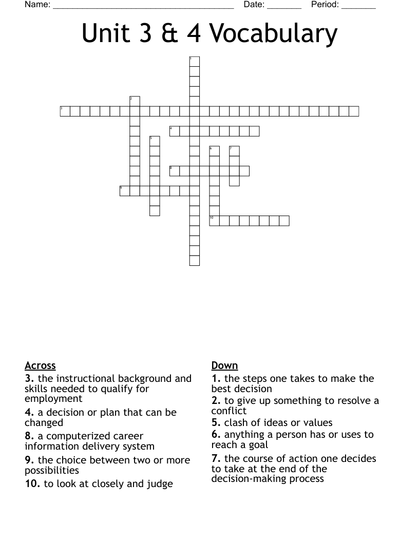 Unit 3 & 4 Vocabulary Crossword