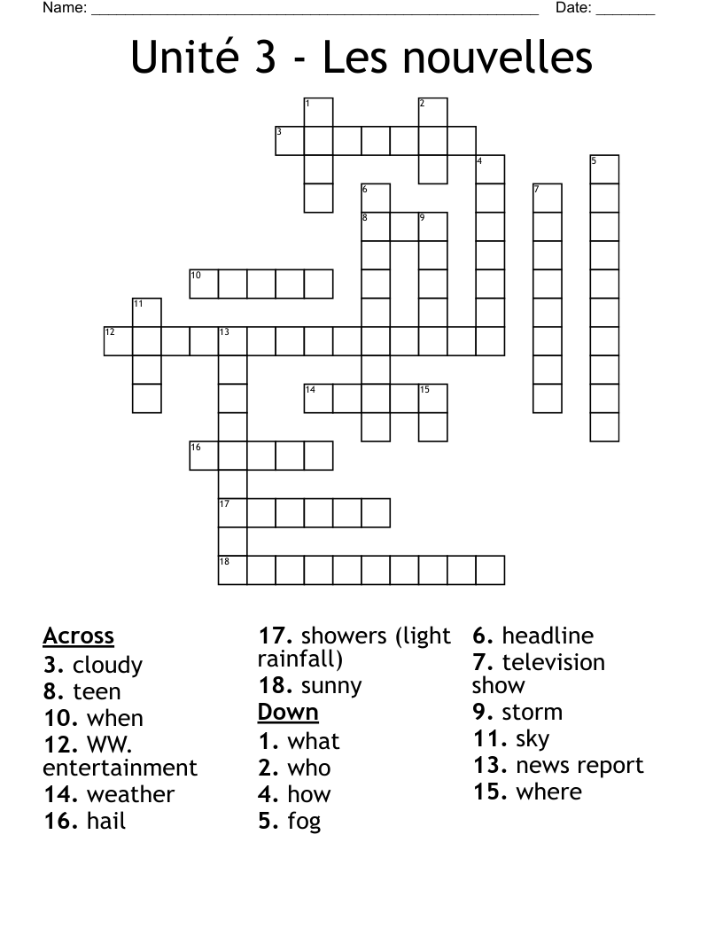 Unité 3 - Les nouvelles Crossword
