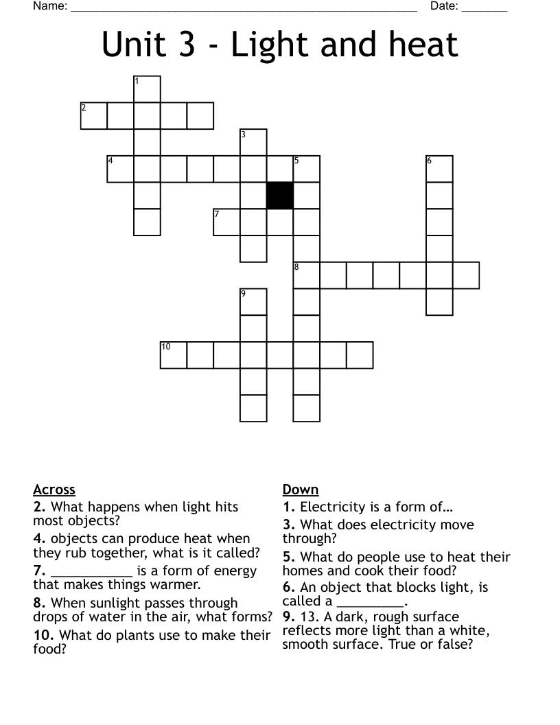 Unit 3 - Light and heat Crossword