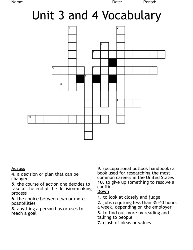 Unit 3 and 4 Vocabulary Crossword