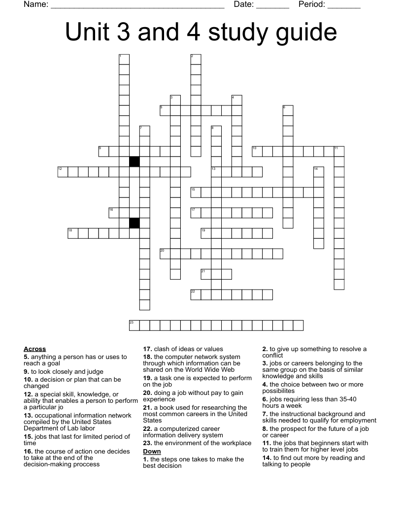 Unit 3 and 4 study guide Crossword