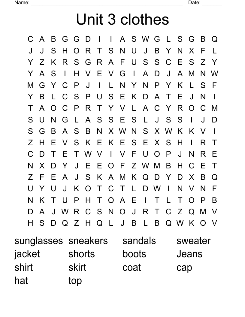 Unit 3 clothes Word Search