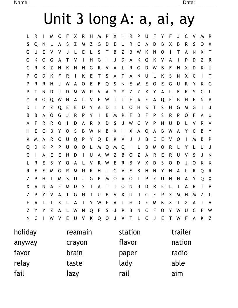 Unit 3 long A: a, ai, ay Word Search