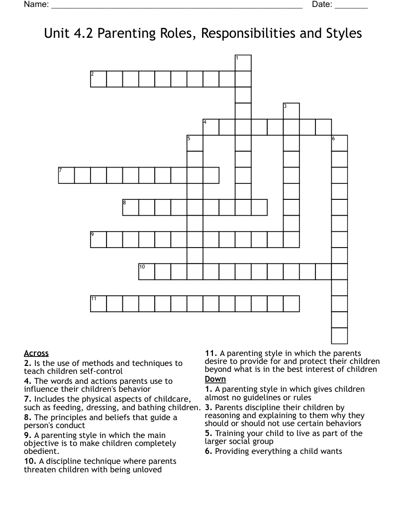 Unit 4.2 Parenting Roles, Responsibilities and Styles  Crossword