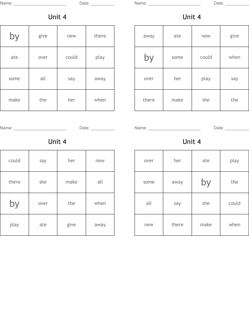 Unit 4 Bingo Cards
