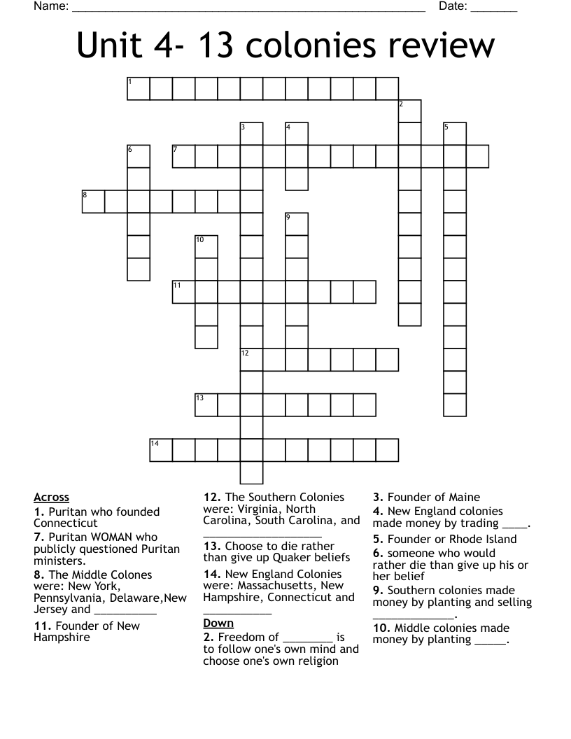 Unit 4- 13 colonies review Crossword