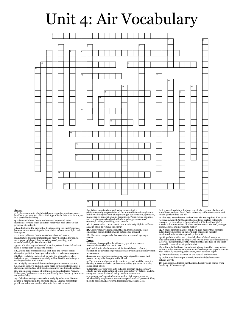 Unit 4: Air Vocabulary Crossword