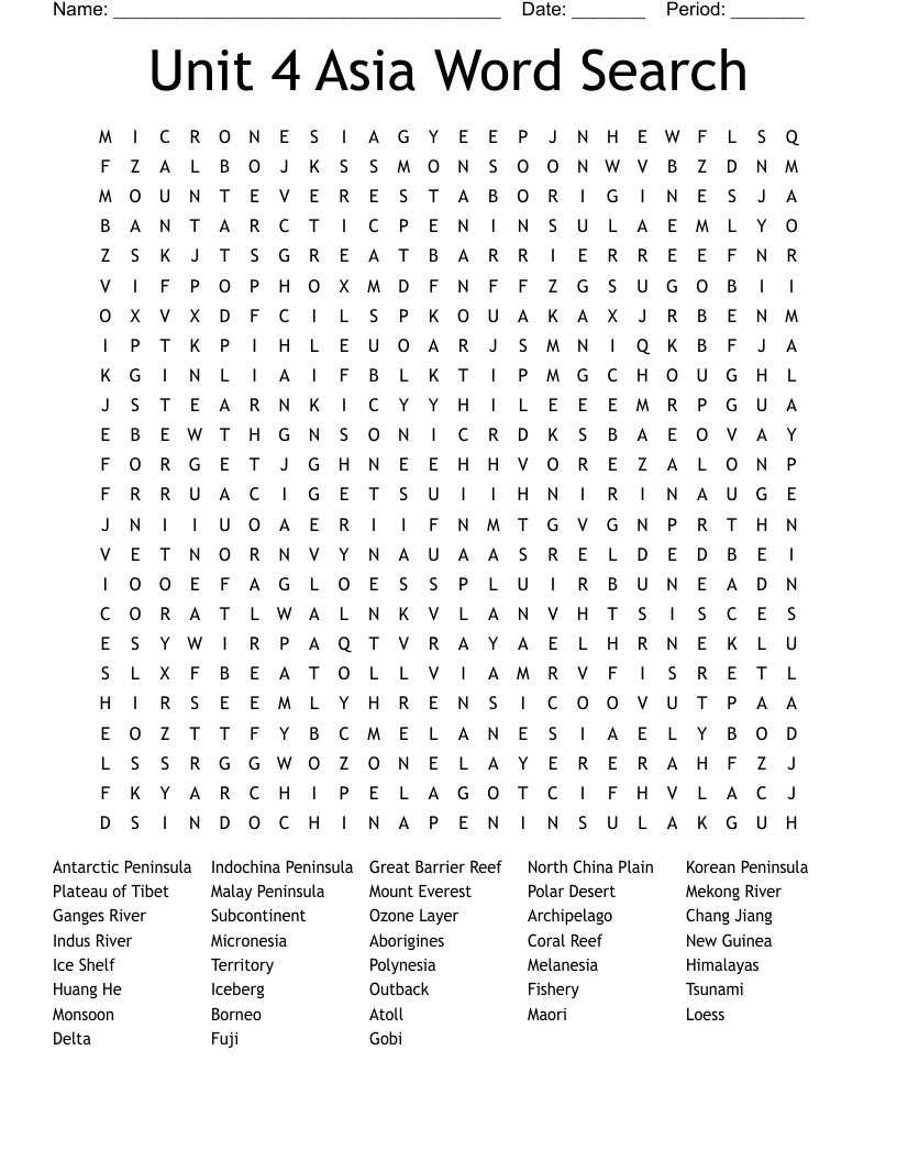 Unit 4 Asia Word Search