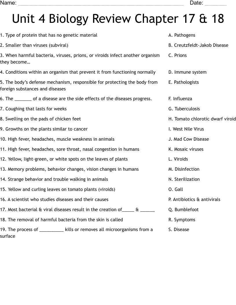 Unit 4 Biology Review Chapter 17 & 18 Worksheet