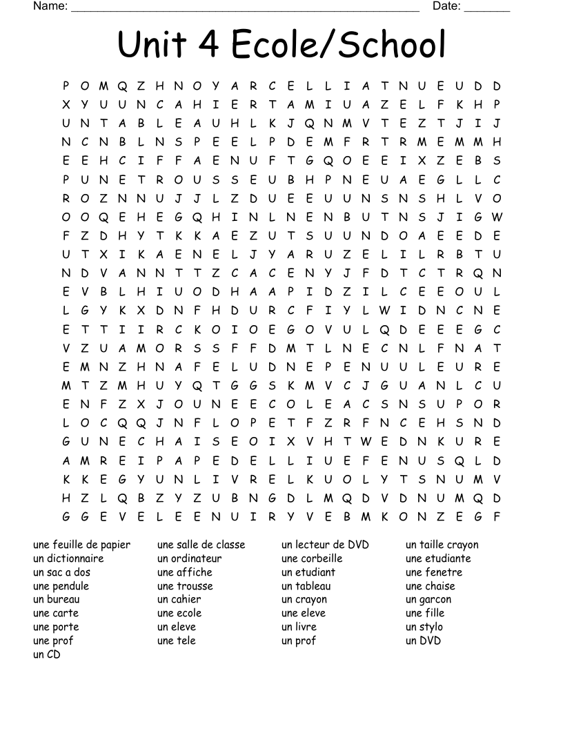 Unit 4 Ecole/School Word Search