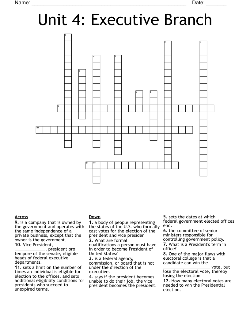 Unit 4: Executive Branch Crossword