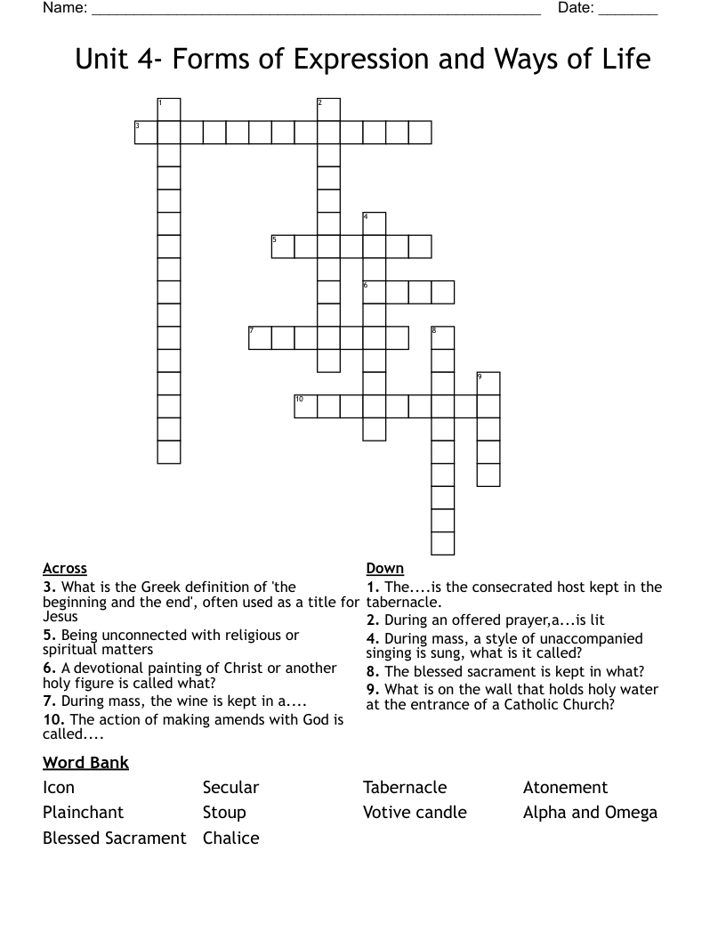 Unit 4- Forms of Expression and Ways of Life Crossword