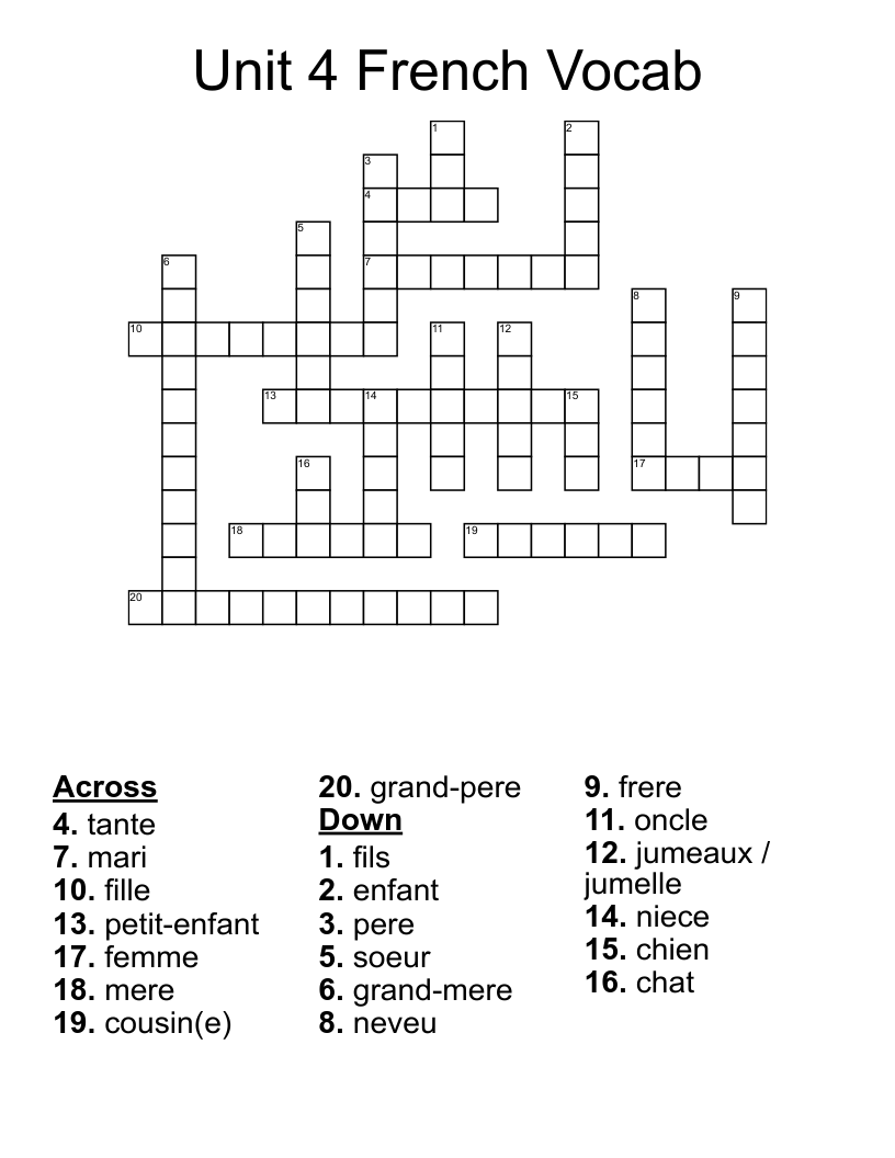 Unit 4 French Vocab Crossword