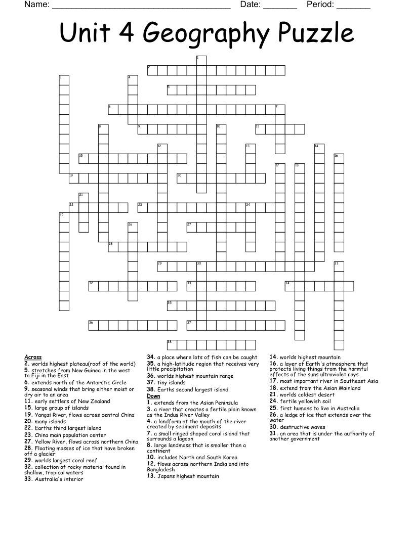 Unit 4 Geography Puzzle Crossword