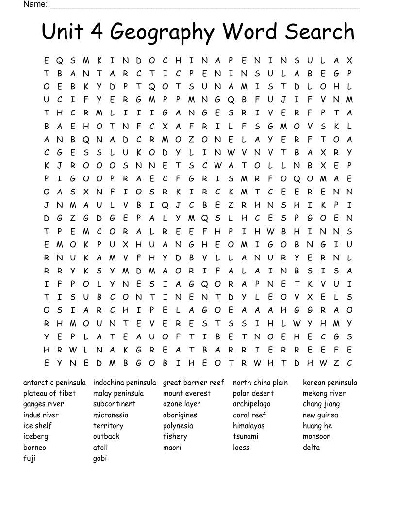 Unit 4 Geography Word Search
