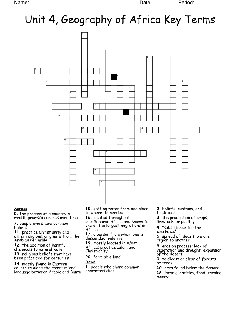 Unit 4, Geography of Africa Key Terms Crossword