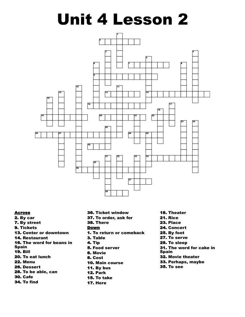 Unit 4 Lesson 2 Crossword
