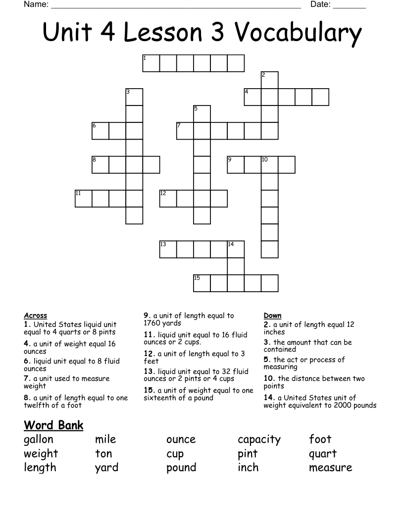 Unit 4 Lesson 3 Vocabulary Crossword
