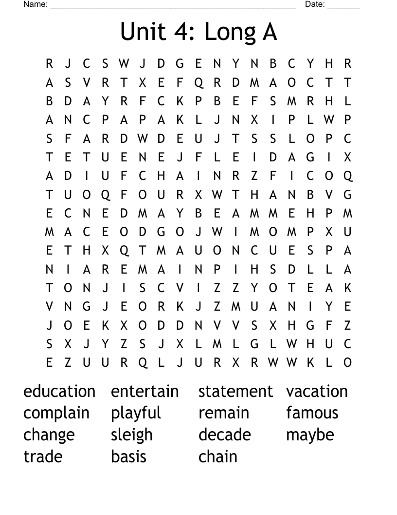 Unit 4: Long A Word Search