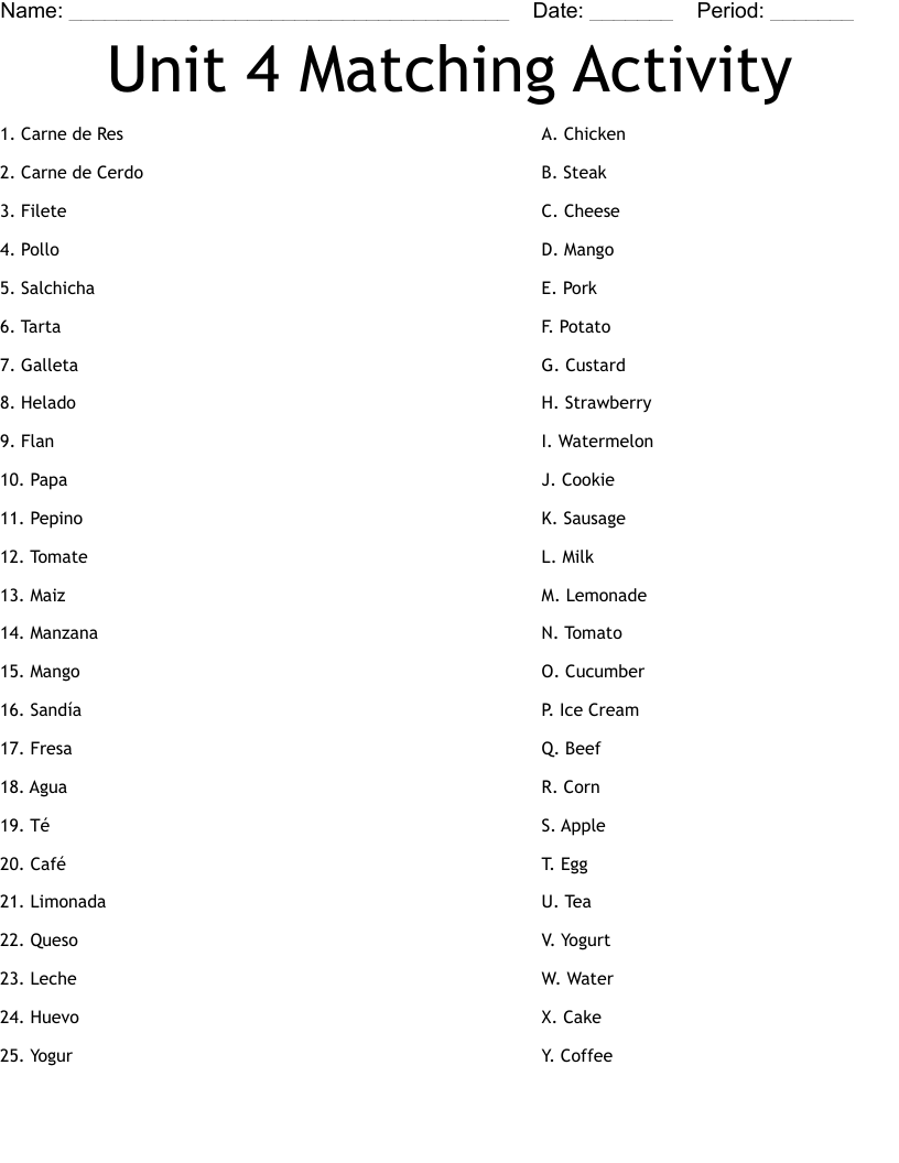 Unit 4 Matching Activity Worksheet