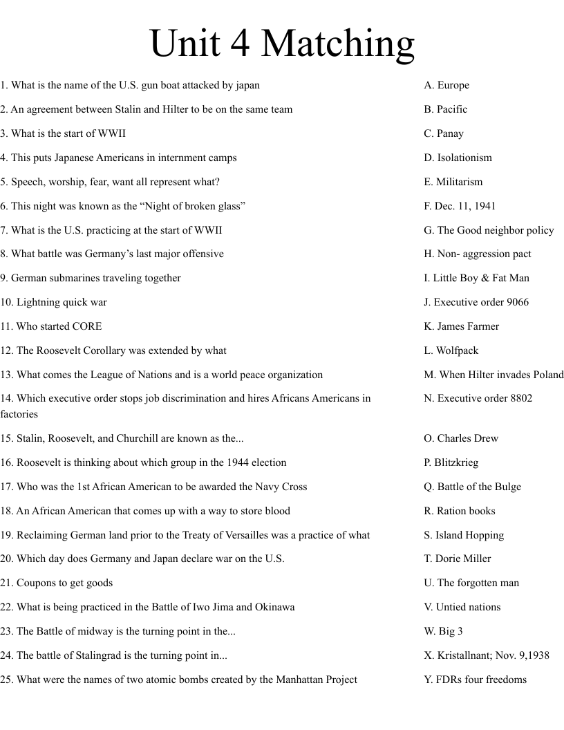 Unit 4 Matching  Worksheet