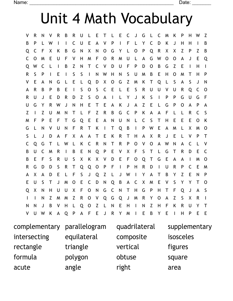 Unit 4 Math Vocabulary Word Search