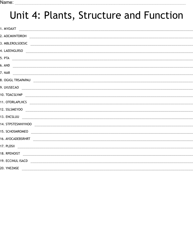 Unit 4: Plants, Structure and Function Word Scramble