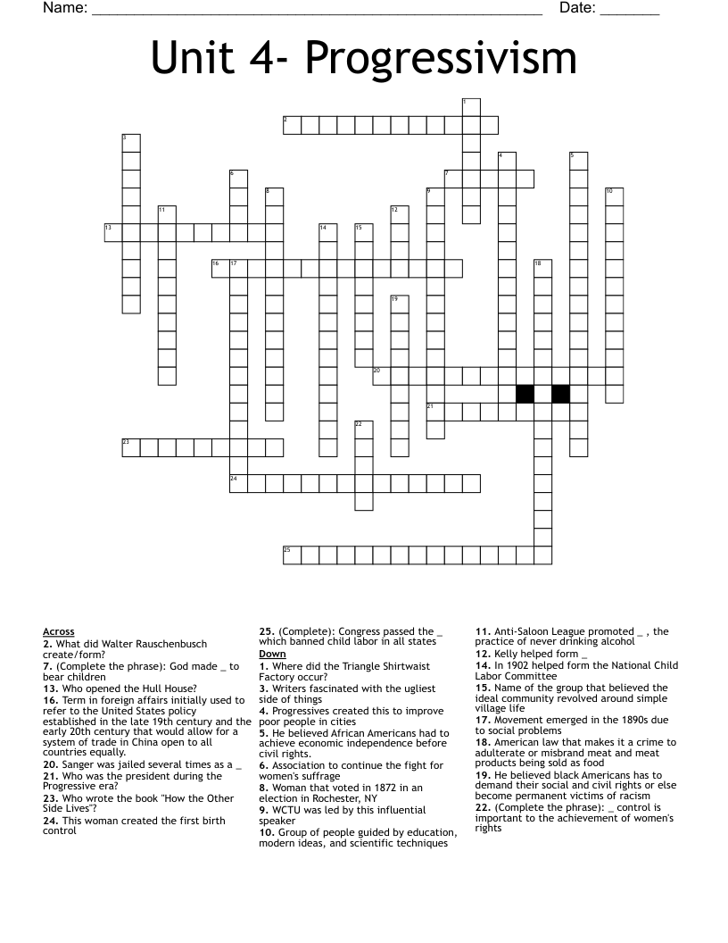 Unit 4- Progressivism Crossword