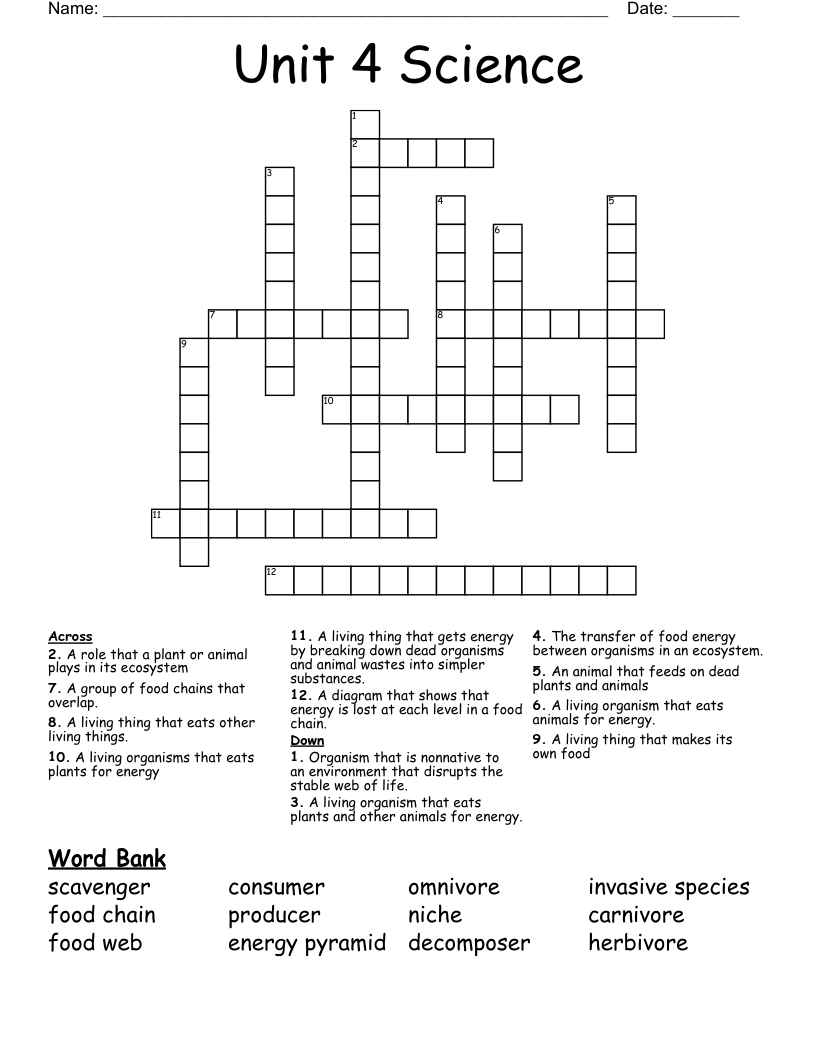 Unit 4 Science Crossword