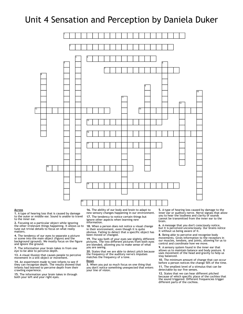 Unit 4 Sensation and Perception by Daniela Duker Crossword