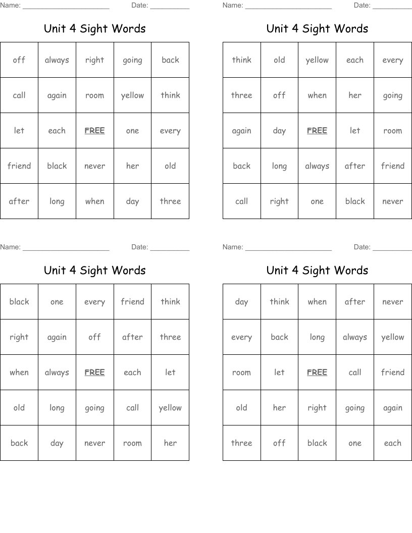 Unit 4 Sight Words Bingo Cards