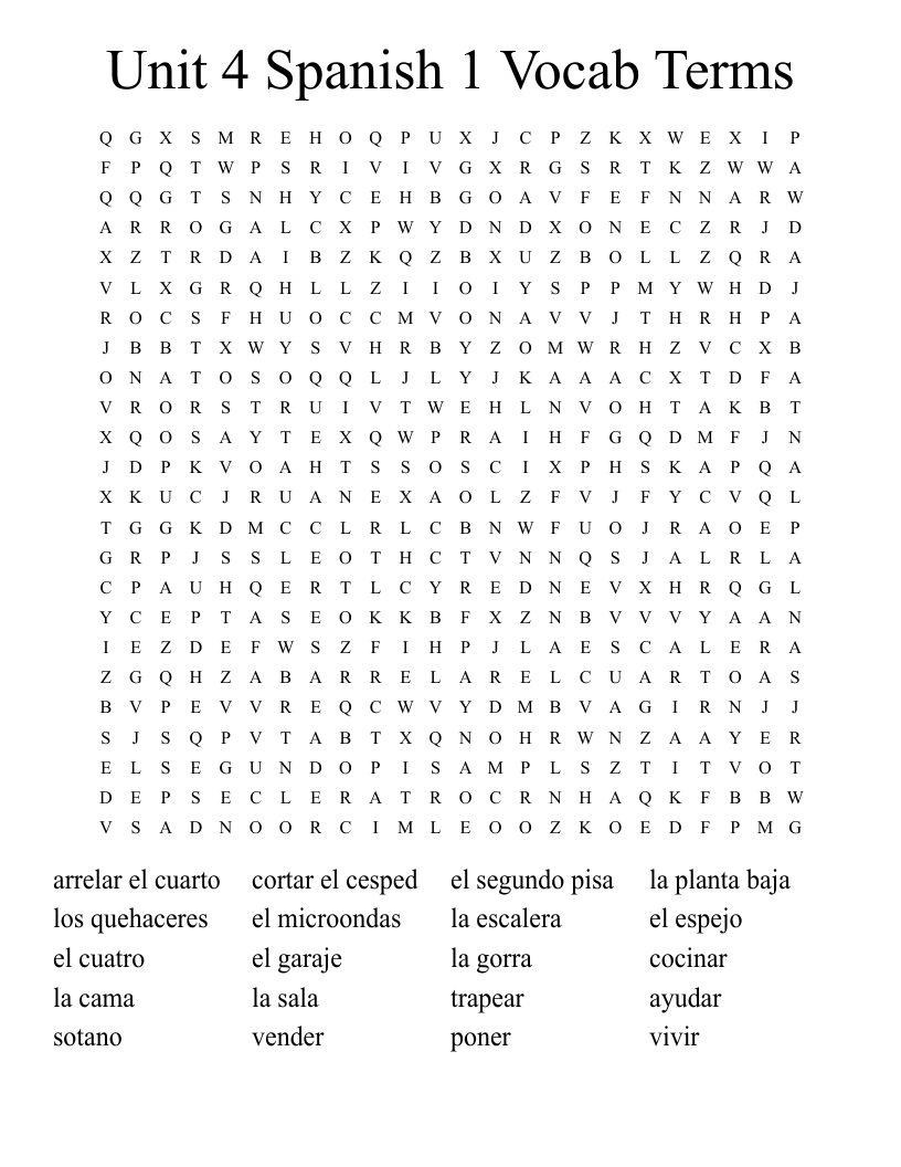 Unit 4 Spanish 1 Vocab Terms Word Search