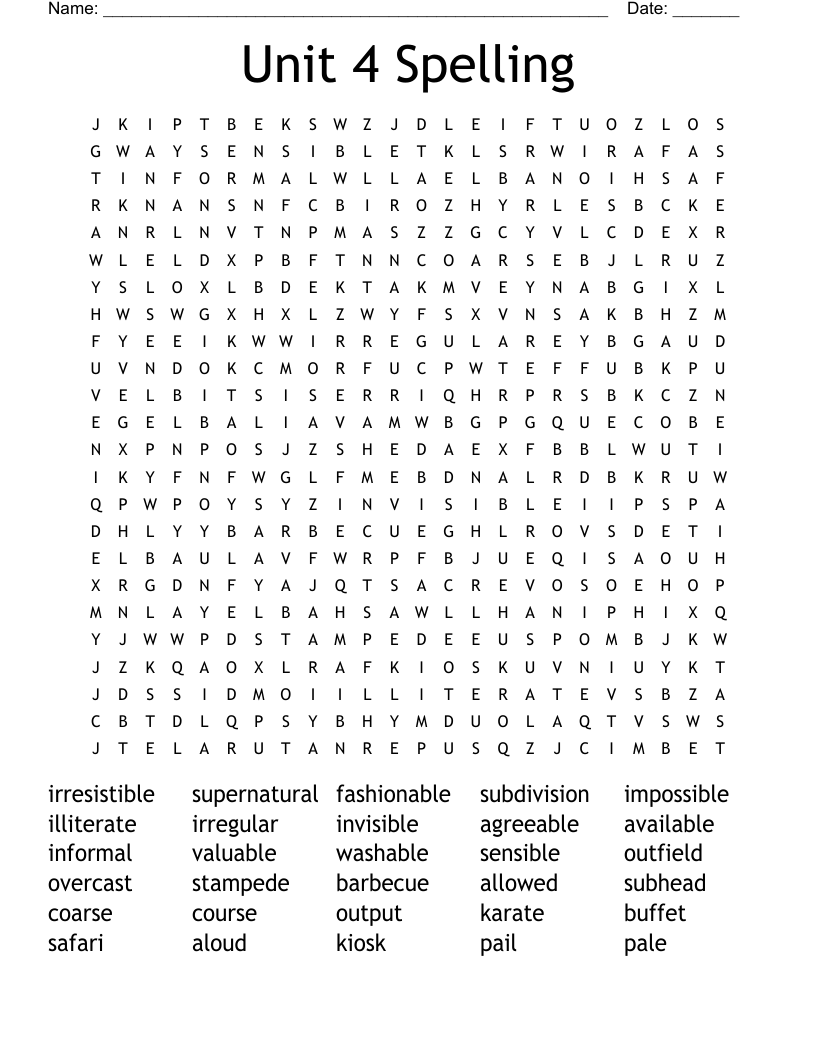 Unit 4 Spelling Word Search