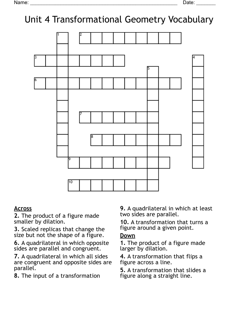 Unit 4 Transformational Geometry Vocabulary Crossword