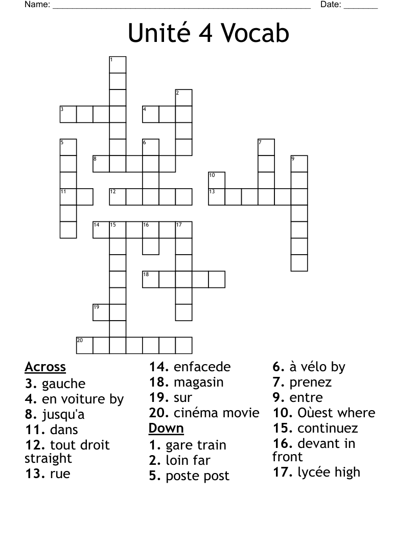 Unité 4 Vocab Crossword