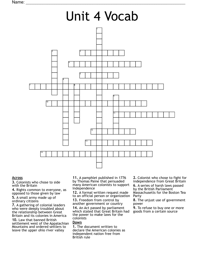 Unit 4 Vocab Crossword