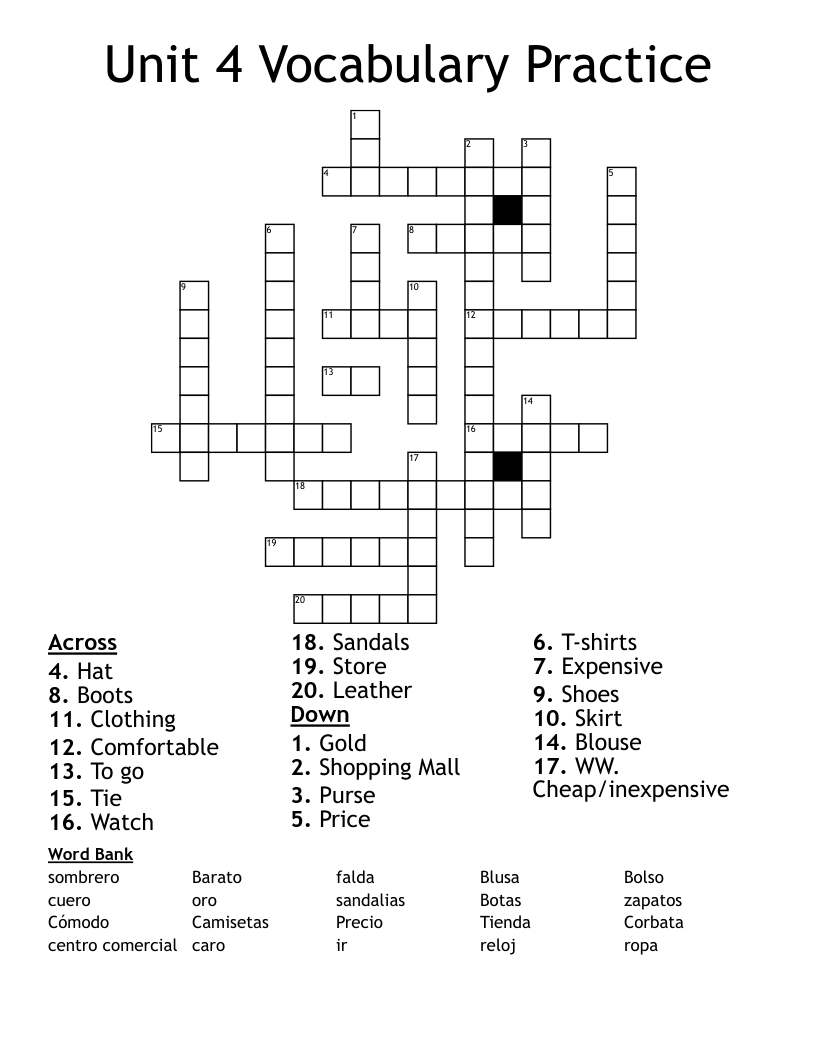 Unit 4 Vocabulary Practice Crossword