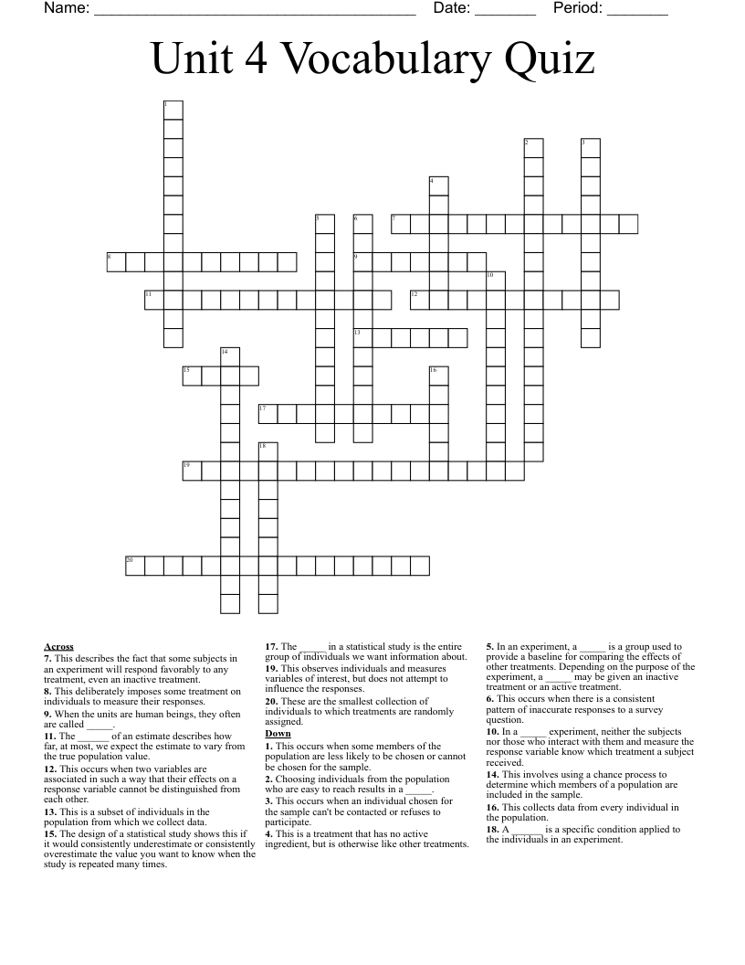 Unit 4 Vocabulary Quiz Crossword