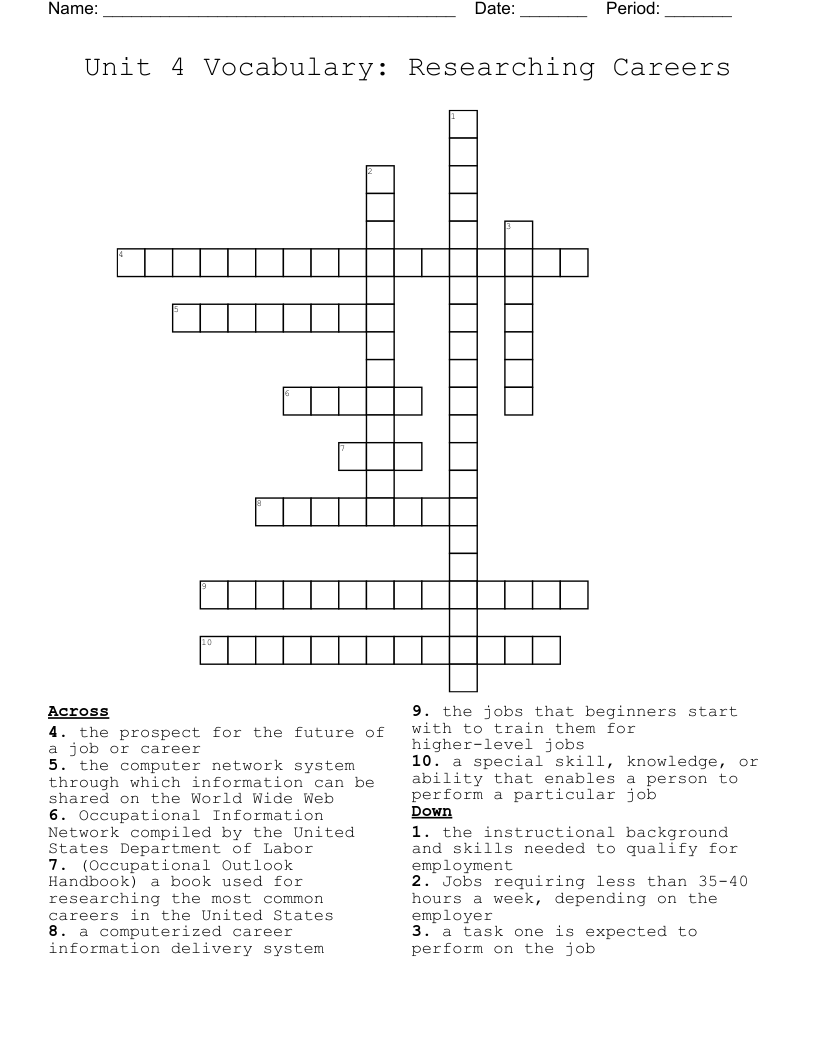 Unit 4 Vocabulary: Researching Careers Crossword