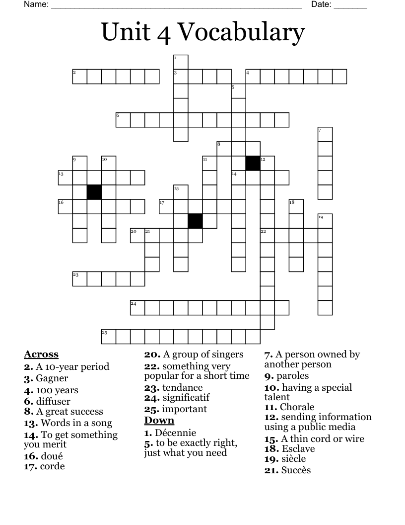 Unit 4 Vocabulary  Crossword