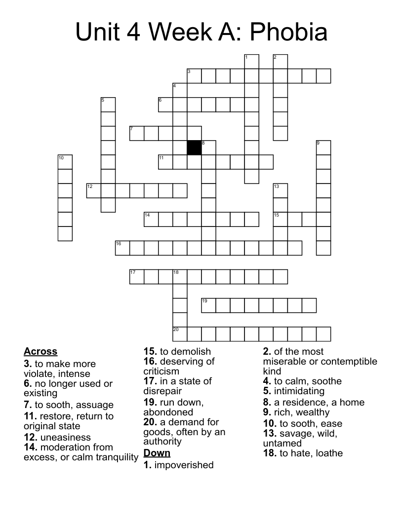 Unit 4 Week A: Phobia Crossword