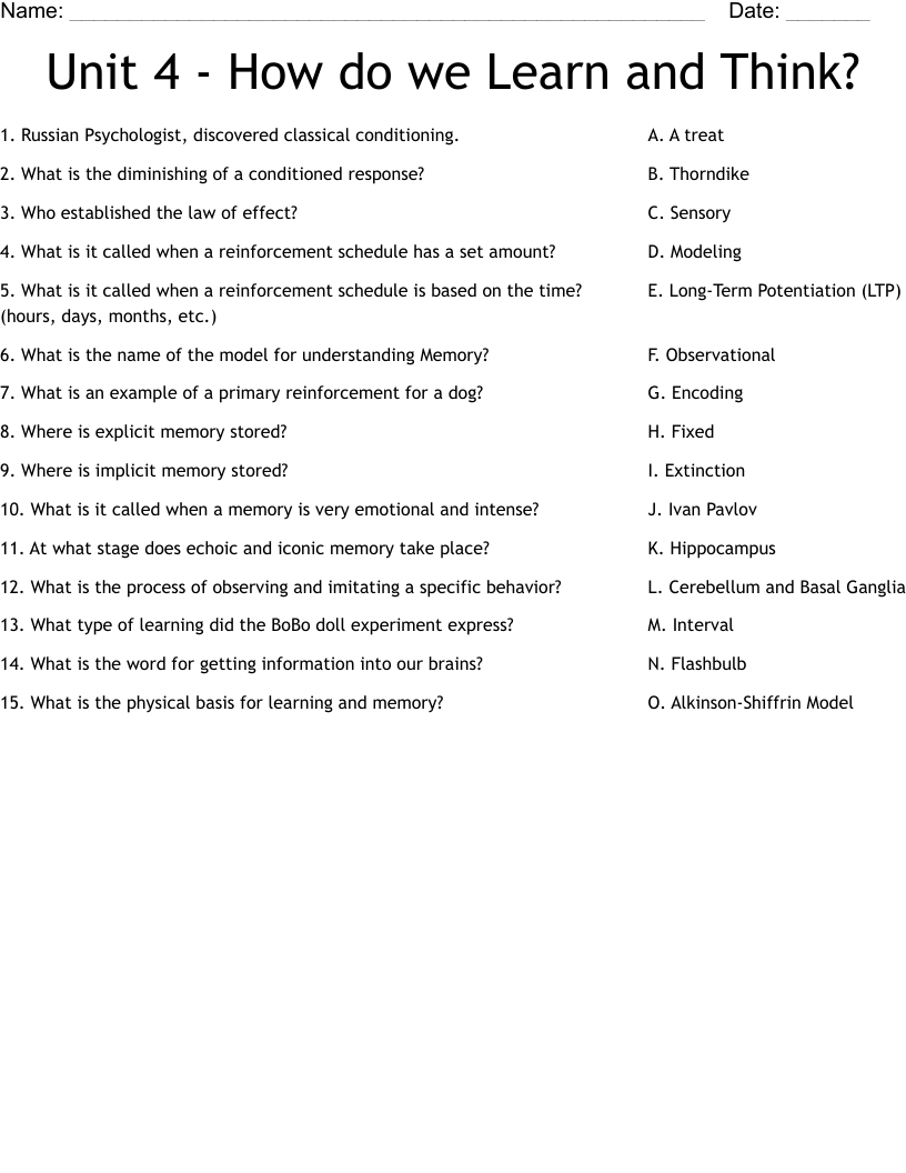 Unit 4 - How do we Learn and Think? Worksheet