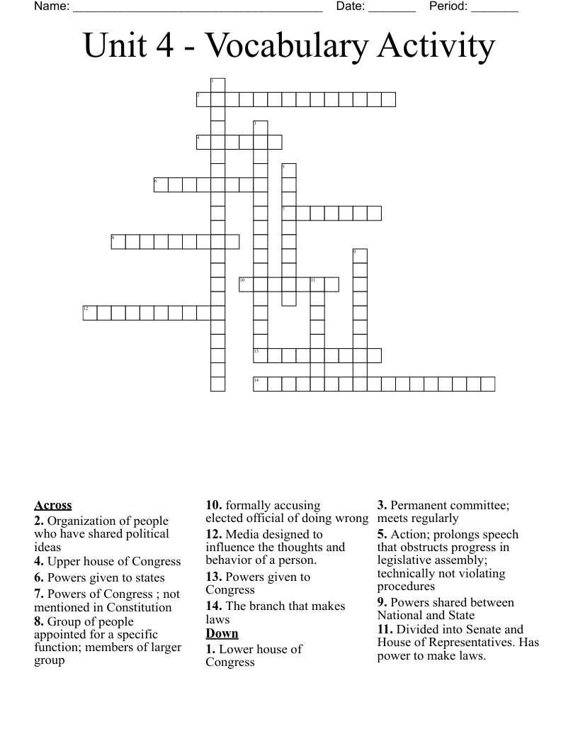 Unit 4 - Vocabulary Activity Crossword