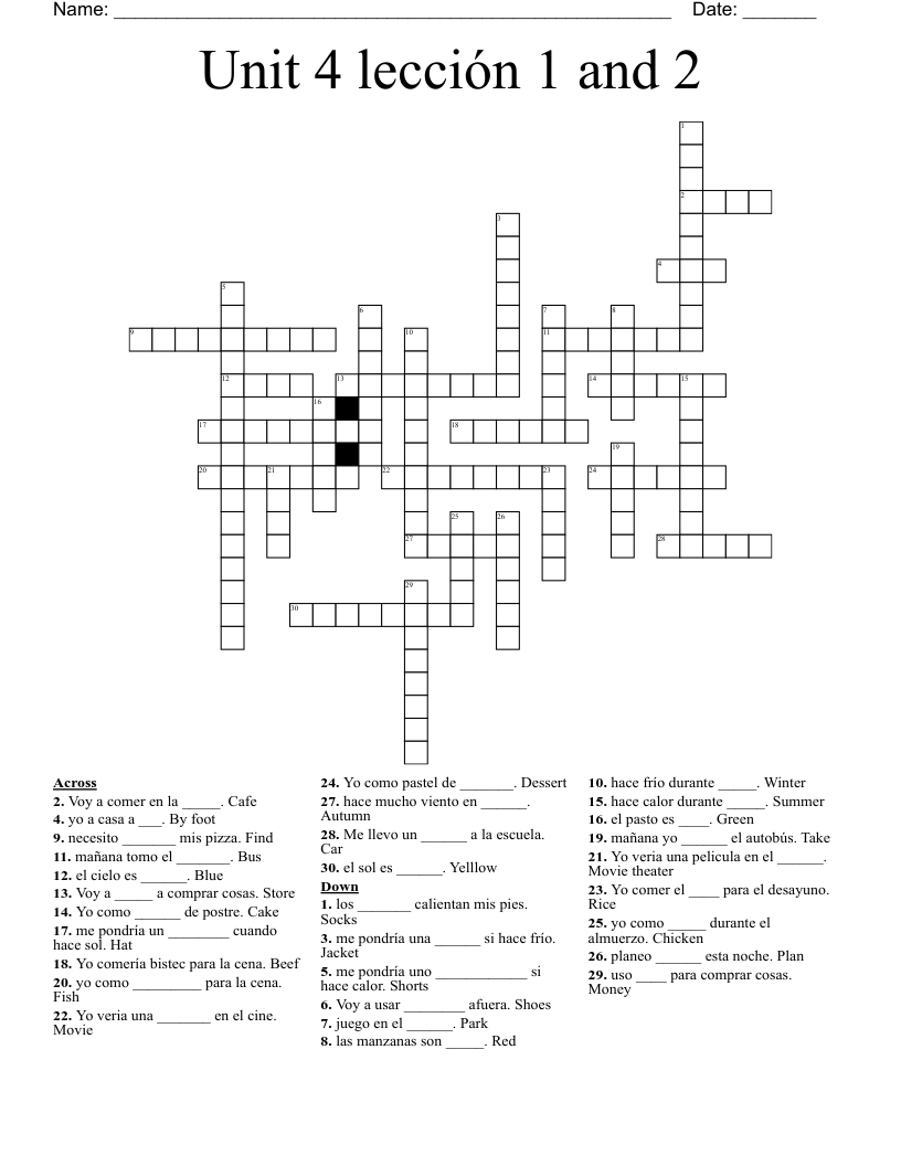 Unit 4 lección 1 and 2 Crossword